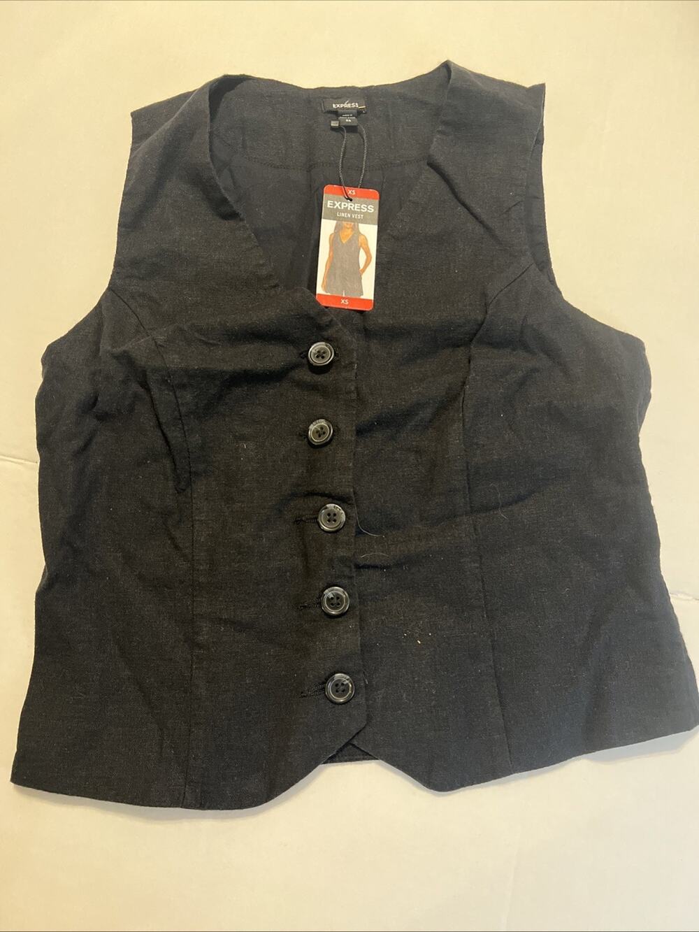 Express Women's Vest XS Classic Fit V-Neck Button Up Linen Vest Black Size XS
